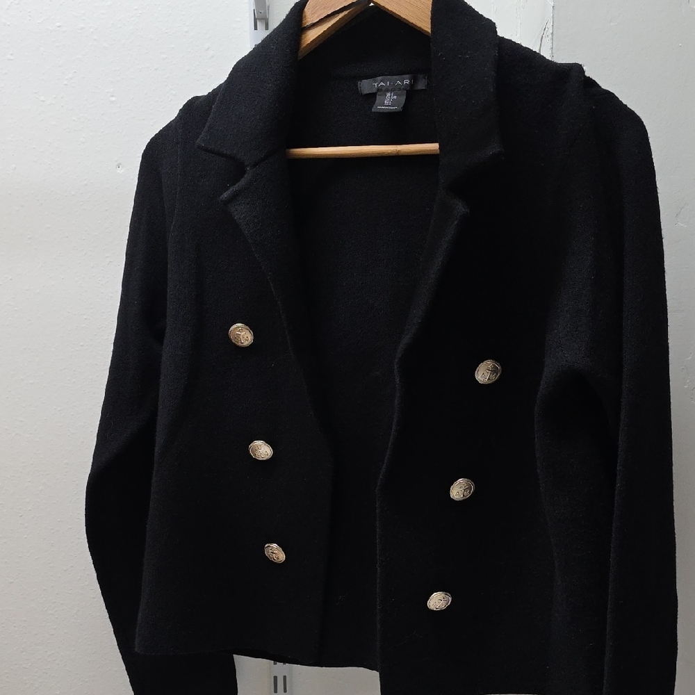 Tahari Black and Gold Knit Blazer with Military-Inspired Design